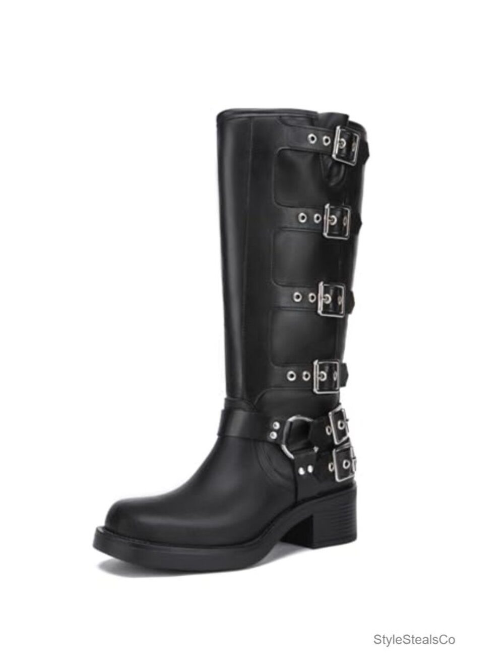 Knee High Riding Boots Faux Leather Chunky Block Heel Biker Boots